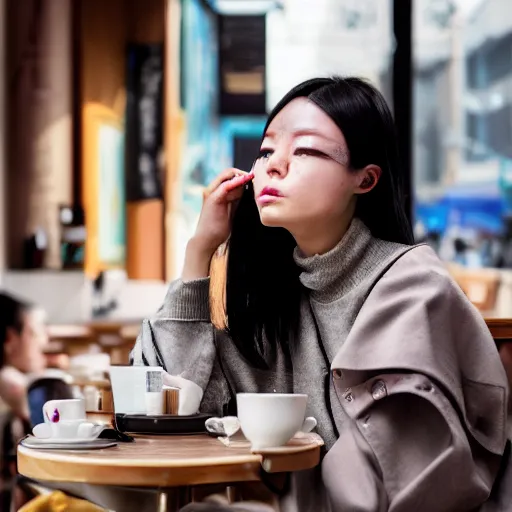 Image similar to woman sitting in a cafe in China, artwork by guweiz, short black hair, freckles, face tattoos, futuristic, cyberpunk face mods, sigma 85mm f/1.4, 4k, depth of field, unreal engine, stylized