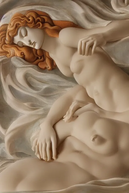 Image similar to Marble Sculpture of Aphrodite lying on a silk cloth, fog, volumetric lighting, inspired by The Birth of Venus by Sandro Botticelli, trending on artstation.