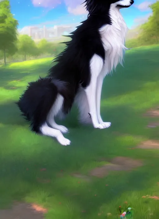 Prompt: wide angle beautiful full body portrait of a cute anthropomorphic anthro male border collie fursona with two legs posing in front of a park, character design by charlie bowater, henry asencio, and ross tran, furry art, furaffinity, scenic background, beautiful, glamor pose, detailed, aesthetic, trending on artstation