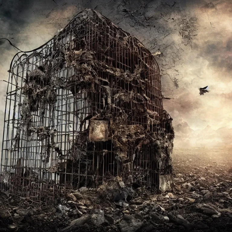 Prompt: black raven locked inside cage, extreme details, hopeless, postapocalyptic picture, very emotional, ruins around the cage, nuclear explosion, erik johansson style, conceptual art, the last day on the earth, insane detail, blood, saturated, hyper realistic 8 k textured