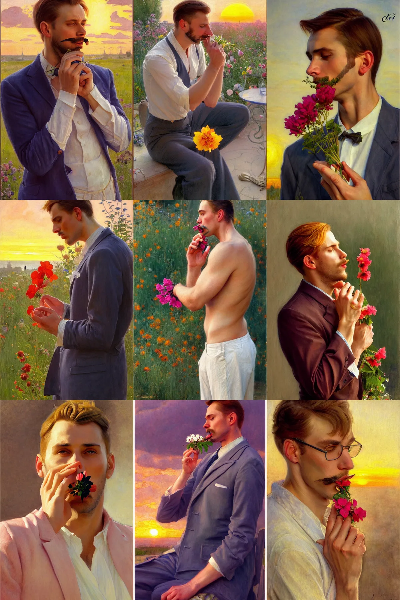 Prompt: attractive man smelling a flower, sunset, painting by carl larsson, vladimir volegov, j. c. leyendecker, tom of finland, trending on artstation