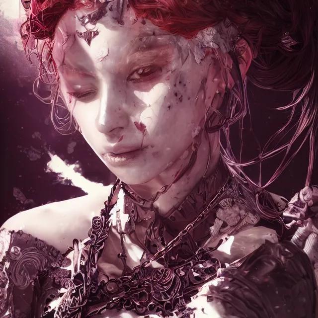 Image similar to the portrait of neutral evil fallen sensual female dark knight vagabond as absurdly beautiful, gorgeous, bloodlust, young idol, an ultrafine hyperdetailed illustration by kim jung gi, irakli nadar, intricate linework, bright colors, octopath traveler, final fantasy, unreal engine 5 highly rendered, global illumination, radiant light, detailed and intricate environment