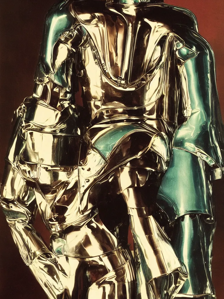 Image similar to a Royal portrait of chrome android woman as illustrated by H.R. Geiger. 1979