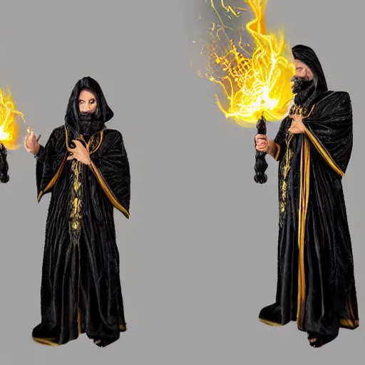 Image similar to an ancient mage, with dark sik and magic fire sparks coming out of his hands, grey black hair, dressed in a very long, black and gold coloured cloak with intricate golden geometric shapes, very real, ultra realistic, photorealistic, 8k, ultra detailed