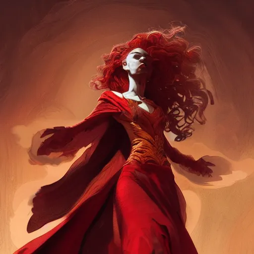 Prompt: portrait of a female sorcerer with curly red hair wearing a red dress and a red cloak throwing a fireball, fantasy, intricate, elegant, highly detailed, digital painting, artstation, concept art, character art, smooth, sharp focus, illustration, art by greg rutkowski and alphonse mucha