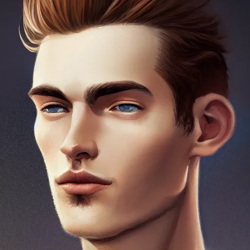 Image similar to tall man in his twenties with brown blond short quiff hair and thin round facial structure with cleft chin, straight eyebrows and prominent nose, good definition of cheekbones, big hazel nut brown eyes, narrow face, atmospheric lighting, painted, intricate, 4 k, highly detailed by charlie bowater