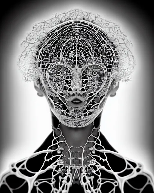 Prompt: surreal black and white photo portrait of complex biomechanical young female cyborg with a mandelbrot fractal metal fine lace face, silver hair, 150 mm lens, soft rim light, fine metal floral foliage super big lace collar, Alexander McQueen, high fashion, haute couture, rococo, steampunk, silver filigree details, anatomical, facial muscles, cable wires, microchip, elegant, hyper realistic, octane render, unreal engine, by Man Ray and Dora Maar, volumetric lighting, 8k,