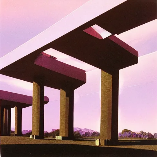 Prompt: painting of a scifi ancient civilzation brutalist architecture, purple sun, william eggleston