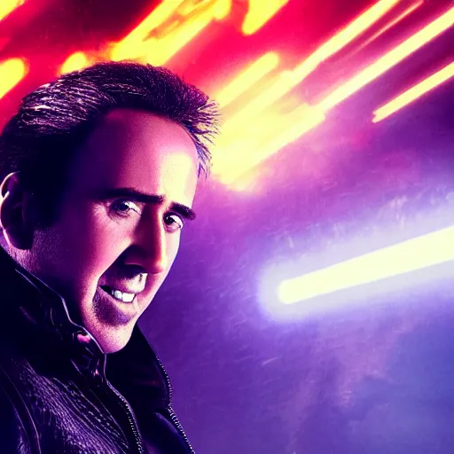 Image similar to glamour photo shot of nicolas cage with crazy grin and dramatic lightning and backlightning, bladerunner 2 0 4 9, highly detailed