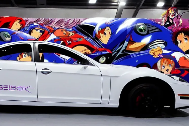 Prompt: mark Zuckerberg on anime car wrap, side shot