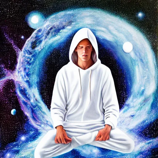 Prompt: guy with white hoodie levitates in the center of the galaxy painting