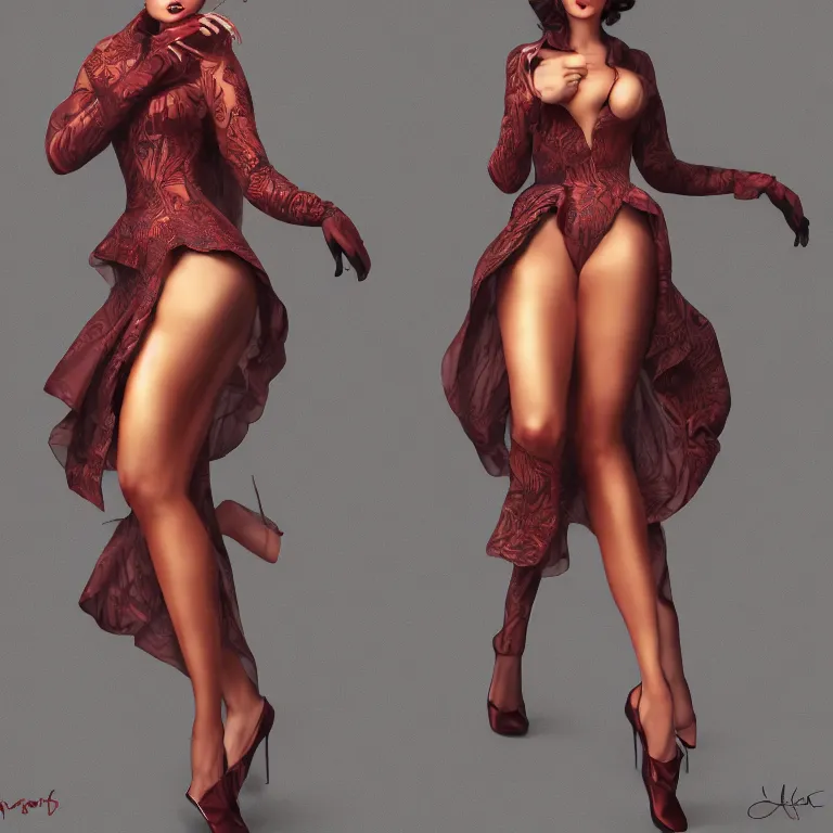 Prompt: a hyperrealistic rendering full body concept, model of a pinup with a beautiful face and full intricate clothing, deep color, cryengine render 8 k, extreme detail, dynamic pose