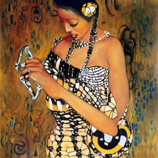 Image similar to josephine baker with snake skirt, intricate detail, painting, jazz age, miro, klimt, royo, frazetta, whealan,