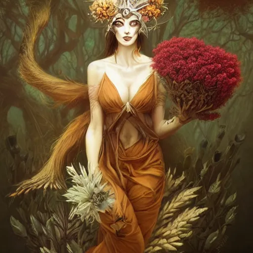 Image similar to fine art photo of the beauty goddess foxes, she has a crown of dried flowers, by peter mohrbacher