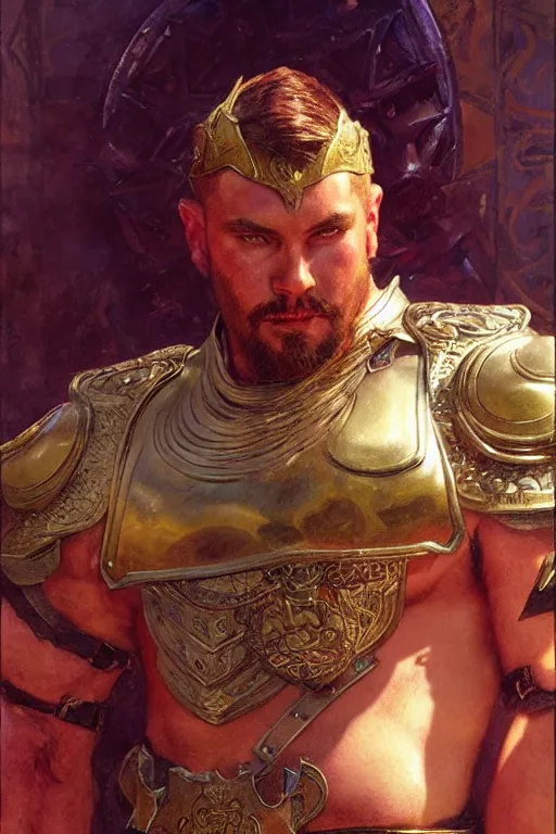 Image similar to attractive beefy male with armor, three kingdoms, character design, painting by gaston bussiere, craig mullins, j. c. leyendecker, tom of finland