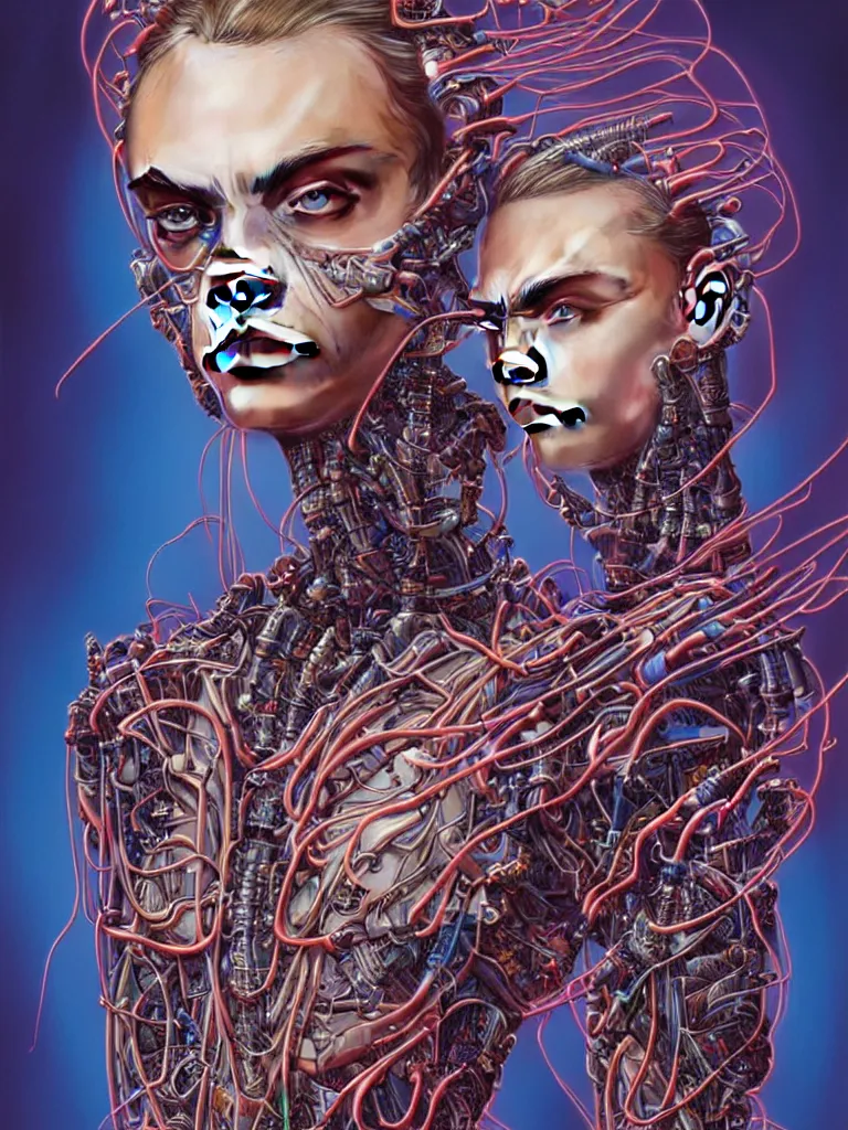Prompt: Portrait of Cara Delevingne wearing epic bionic cyborg implants of diferent colors, cables connected to head, by Dan Mumford and Naoto Hattori, extremely beautiful and proportionate face, in the aesthetic of mert and marcus, masterpiece, intricate, elegant futuristic wardrobe, highly detailed, digital painting, artstation, concept art, crepuscular rays, smooth, sharp focus, illustration, background is made of stars and vibrant space nebula, cyberpunk vibrant colors, volumetric lighting, art by artgerm and james jean and Nick Sullo