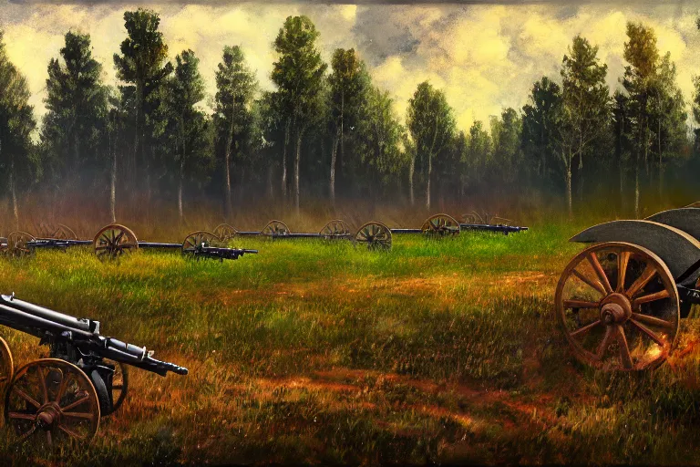 Prompt: cannons firing to the left, artillery, indirect fire, ww 1, forest clearing background, at night, oil on canvas, bloom highlights, view from the ground, poster art, darkness, video game art, digital art, fine brushstrokes, hdr, 4 k