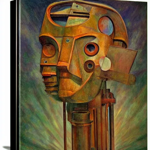 Image similar to the robot in her mechanical mask, by Annie Swynnerton and Diego Rivera, symbolist, dramatic lighting, elaborate geometric ornament, Art Brut ,god rays, soft cool colors,smooth, sharp focus, extremely detailed, Adolf Wölfli