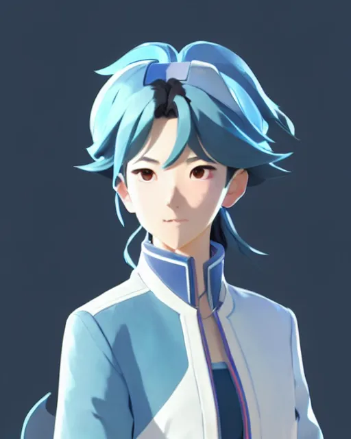 Image similar to a south korean female from video game paladins, she wears a light blue jacket, white ponytail hair, detailed perfect face, exquisite details, fire magic, mid view, design on a white background, by studio muti, greg rutkowski makoto shinkai takashi takeuch studio ghibli