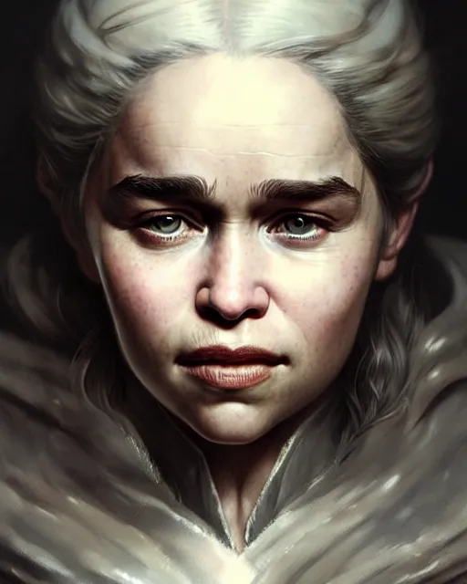 Image similar to emilia clarke, character portrait, portrait, close up, concept art, intricate details, highly detailed by greg rutkowski, michael whelan and gustave dore