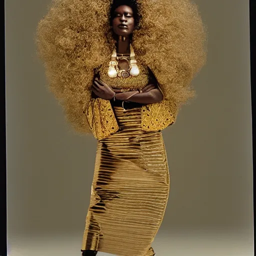 Prompt: portrait of an afro woman with gold clothings and jewelry photographed by irving penn
