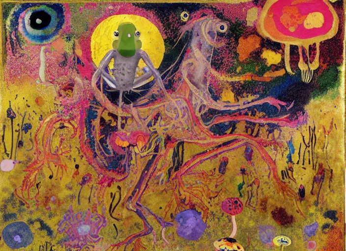 Image similar to expressionistic decollage painting golden armor alien zombie horseman riding on a crystal bone dragon broken rainbow diamond maggot horse in a blossoming meadow full of colorful mushrooms and golden foil toad blobs in a golden sunset, distant forest horizon, painted by Mark Rothko, Helen Frankenthaler, Danny Fox and Hilma af Klint, pixelated, semiabstract, color field painting, byzantine art, voxel art, pop art look, naive, outsider art. Bill Traylor painting, part by Philip Guston and Georg Baselitz art by Adrian Ghenie, 8k, extreme detail, intricate detail, masterpiece