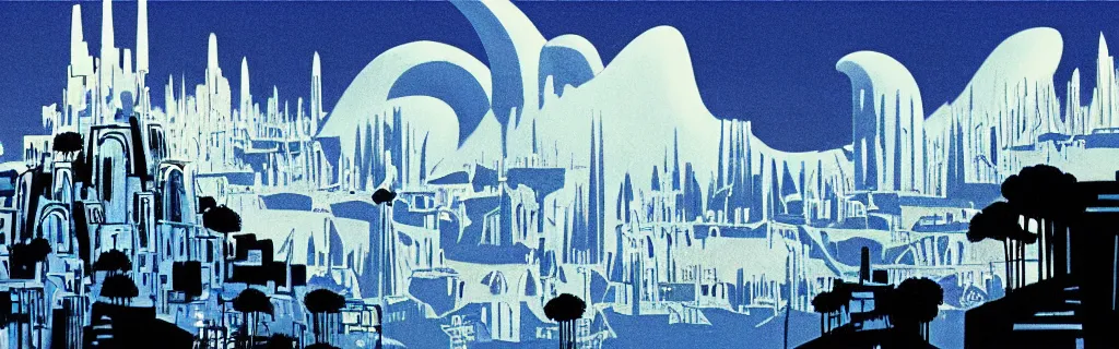 Image similar to doomsday, ruins of the city, blue and white tones, animated film, stylised, illustration, by eyvind earle, scott wills, genndy tartakovski