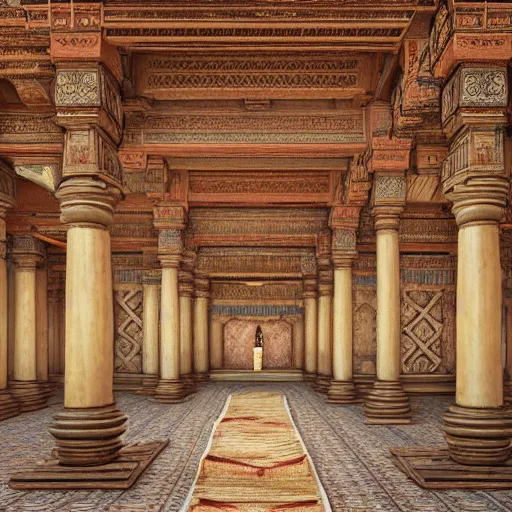 Image similar to stunning & visually striking highly detailed, hyperrealistic, intricate interior of an ancient indian palace, with tall beams, curtains, large paintings in frames, greenery around the pillars, exotic flower arrangement in style of Peter Mohrbacher, unreal engine, trending on artstation, octane render, 4K