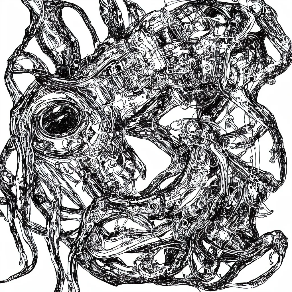 Image similar to ultra precise fineliner drawing of a machine which embeds a man inside a squid, minimal injury, maximal squidification. black marker pen on white gloss paper. gallery quality, winner of nobel prize for insanity