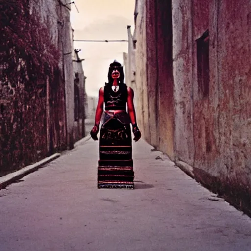 Image similar to empty street, female mayan jaguar warrior, portrait, at night, by nan goldin, cinematography by quetzalcoatl