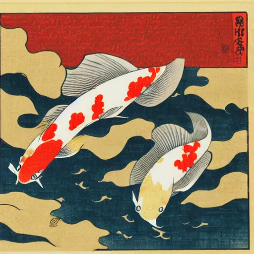 Prompt: koi by utagawa yoshiiku, featured on pixiv, ukiyo - e, ukiyo - e, woodcut, creative commons attribution