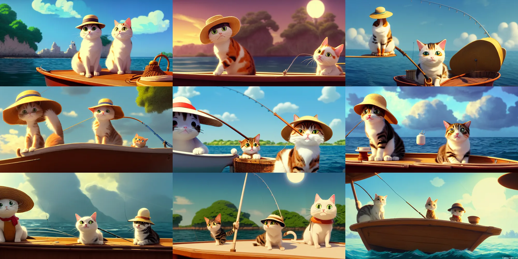 Prompt: a wholesome animation key shot of a cute cat on a fishing boat wearing a sunhat, studio ghibli, pixar and disney animation, sharp, rendered in unreal engine 5, anime key art by greg rutkowski, bloom, dramatic lighting