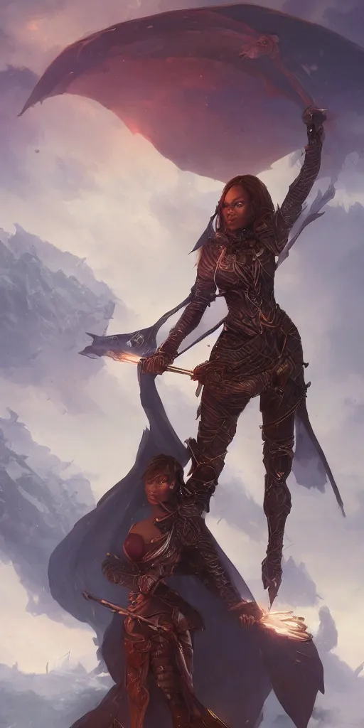 Prompt: full shot of Tyra Banks as a D&D mage, trending on artstation, illustration, cgsociety, 8k, cinematic art by Greg Rutkowski and Thomas Kinkade and William O'Connor