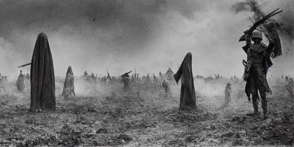 Image similar to scary unproportionable tall ghost creature in the middle of a battlefield, 1900s picture