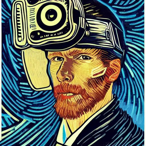 Image similar to Illustrated by Shepard Fairey and Greg Rutkpwski | Cyberpunk Van Gogh with VR helmet, surrounded by cables