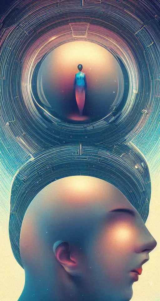 Image similar to art deco close up portait of head surrounded by spheres, like a dream digital painting cinematic dramatic fluid lines otherworldly vaporwave interesting details epic composition by artgerm