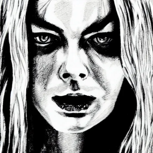 Image similar to grunge drawing of margot robbie in the style of the grudge