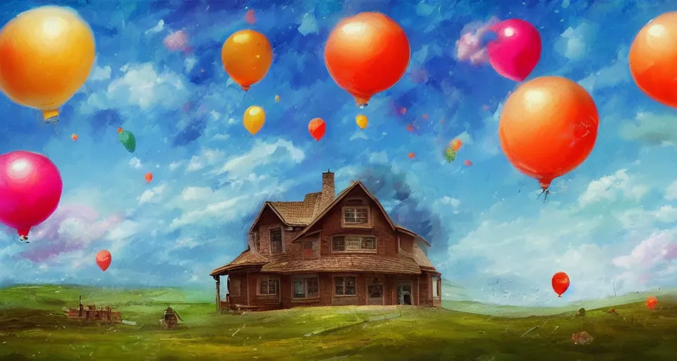 Image similar to House being lifted by hundreds of balloons in the sky, stormy weather, painted landscape, artstation