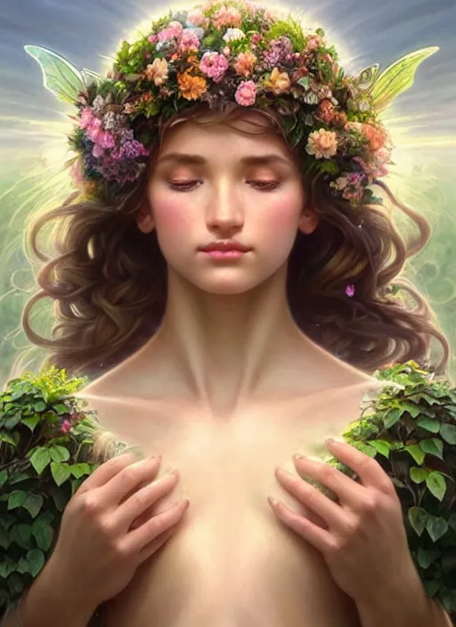 Image similar to perfectly feminine face!! full body portrait of young fairy earth goddess blessed by nature, floral sunlight crown, light brown hair, symmetrical! intricate, sensual features, dewy skin, reflective skin, highly detailed, digital painting, artstation, concept art, smooth, sharp focus, soft lighting, illustration, art by artgerm and greg rutkowski and alphonse mucha