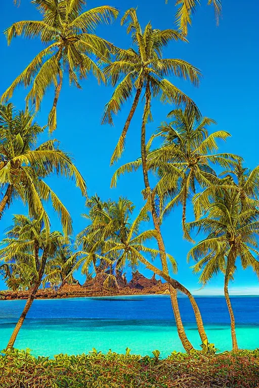 Image similar to beckoning palms lean over crystal clear water, shadows on water, hawaiian style by scott westmoreland