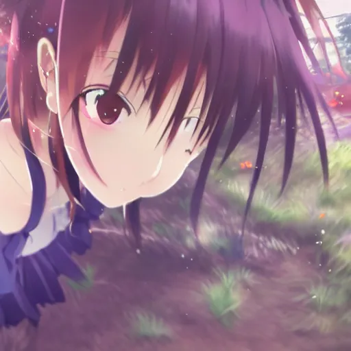 Prompt: A cute anime girl attacked by pet Cassowaries, Kyoto Animation Studio, key art, Long Shot, Montion blur, dutch angle, Overcast,