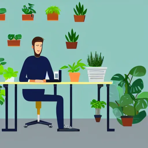 Prompt: A man is sitting at the table with laptop on an office chair, face towards camera. Office interior with lots of plants behind him. Vector illustration, hard edges, calm color palette.
