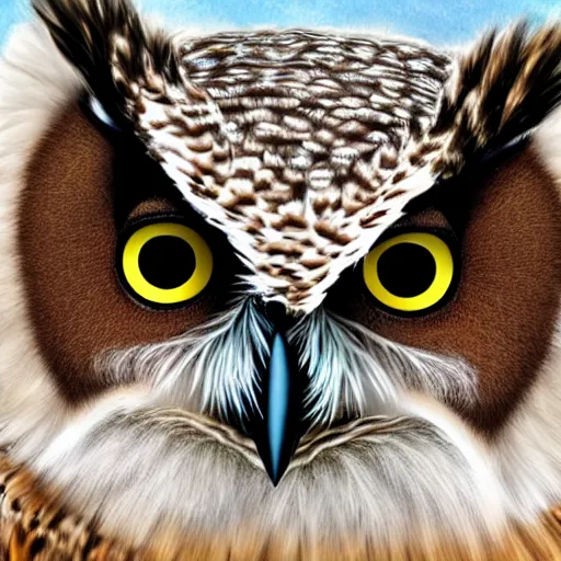 Image similar to beautiful furry owl portrait, furry woman