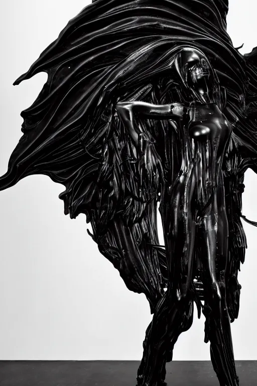 Prompt: ASYMMETRICAL brutalist surreal angelic black-metal winged abstract sculpture made of glossy black liquid latex and industrial hardware, designed by hr giger, nancy grossman, anish kapoor, herman nitsch, rick owens, helmut lang, 8k, hyperrealistic, hyper-detailed, highly textured, gloss finish, dark volumetric lighting