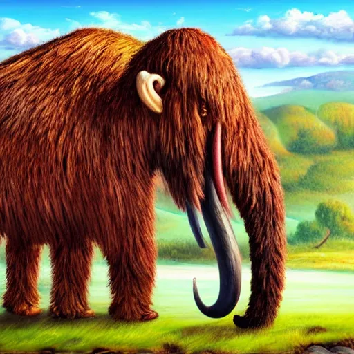 Prompt: colorful cute baby wooly mammoth full body on prehistoric landscape detailed oil painting 4k