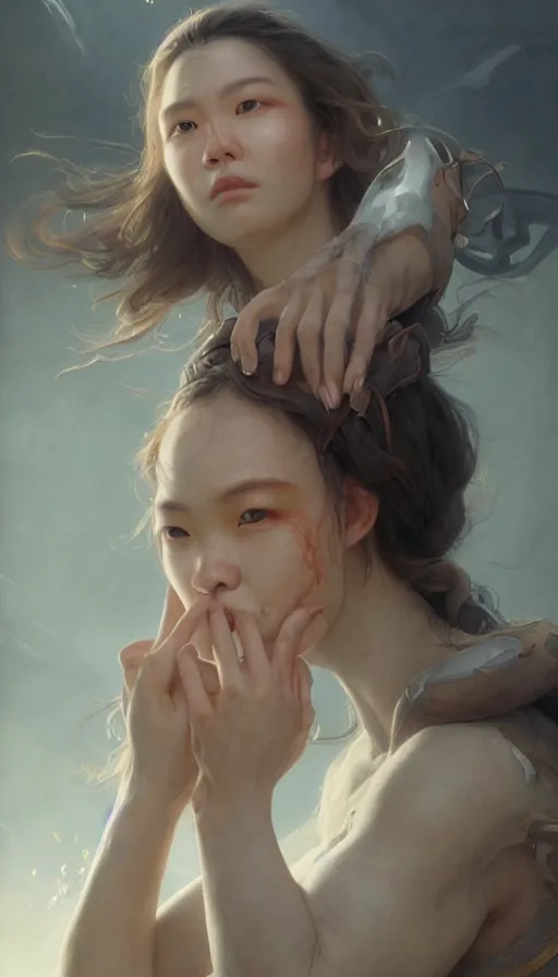 Prompt: epic masterpiece michelle ang, sweaty skin, hyperrealistic, octane render, cinematic, beautiful face and flawless skin, perfect hands, 5 fingers, by edgar maxence and ross tran and michael whelan, legends of runeterra