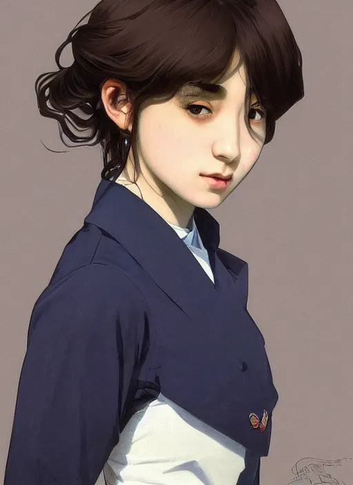 Prompt: Italian Japanese mixed race teen female wearing a navy and white Japanese school uniform, captivating, seductive look, posing in Waikiki, sigma female, portrait art by alphonse mucha and greg rutkowski, highly detailed, digital painting, concept art, illustration, dim lighting with twilight rays of sunlight, trending on artstation, very detailed, smooth, sharp focus, octane render, close up