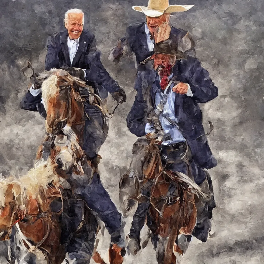 Image similar to joe biden as a cowboy robbing a bank, photo realistic