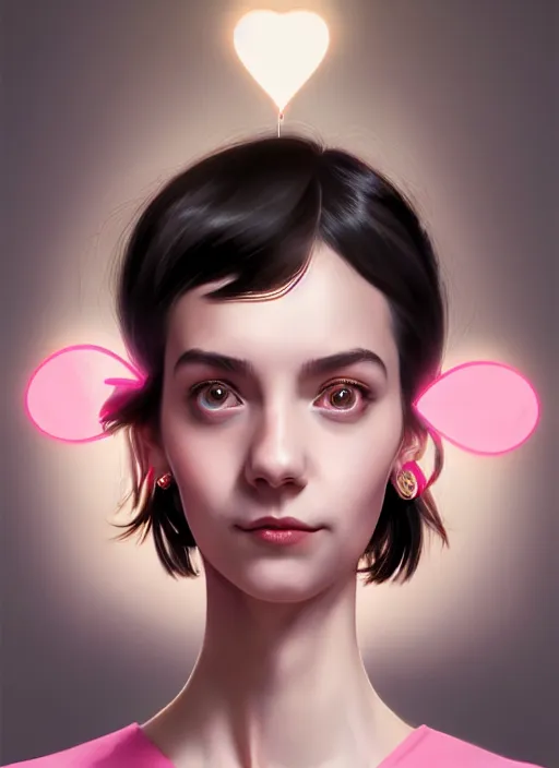 Image similar to portrait of high school girl, realistic, black hair, bangs, half updo hairstyle, pointy nose, skinny, smile, ugly, defined jawline, big chin, pink hair bow, earrings, intricate, elegant, glowing lights, highly detailed, digital painting, artstation, sharp focus, illustration, art by wlop, mars ravelo and greg rutkowski