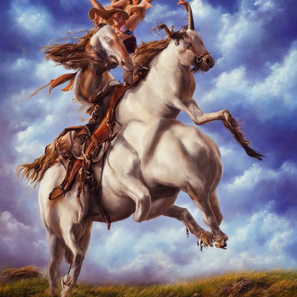 Image similar to Mark Magiori oil painting of a cowgirl on a unicorn, supercell cloud, extremely beautiful, amazing painting, HD, 8K, very detailed, photorealistic, hyperrealism